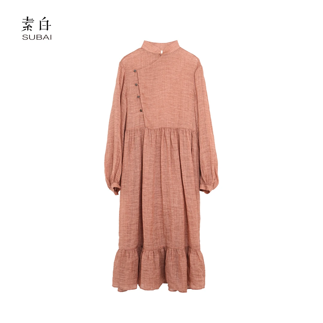 SB3240192556【素白】马乖气质时尚长款设计师中式斜门襟女装连衣裙