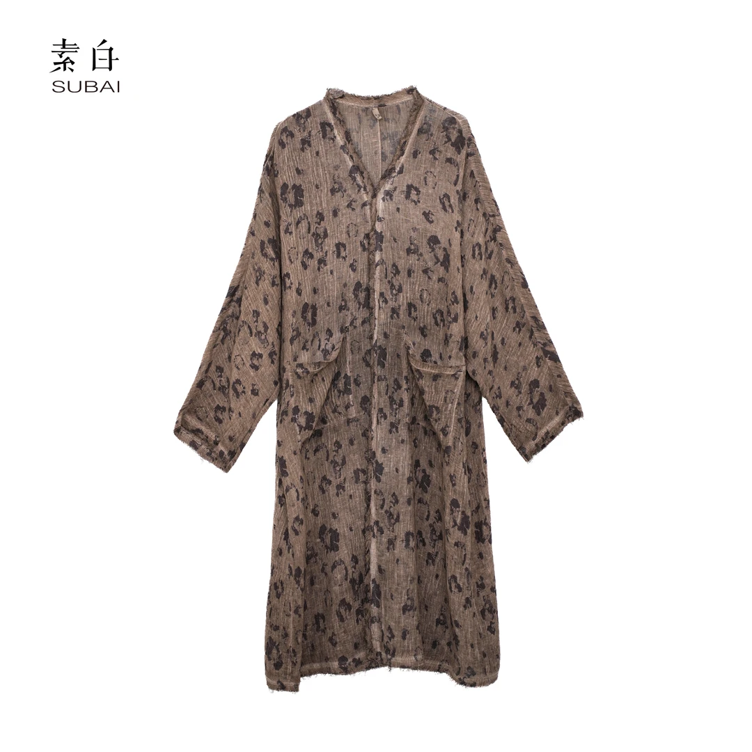 SB3240593116【素白】马乖夏季亚麻印花休闲宽松开衫袍子