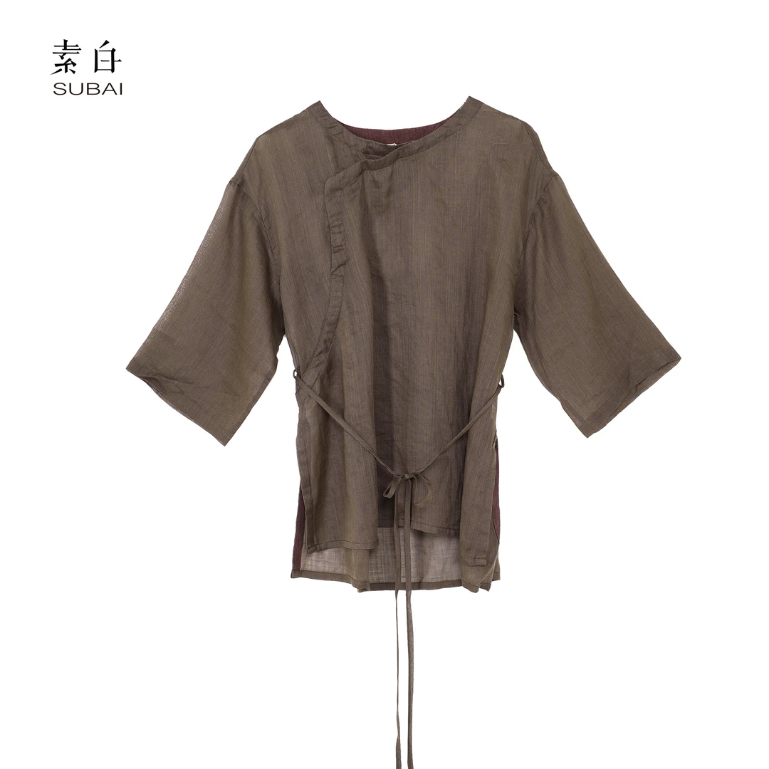 802338【素白 】马乖素白苎麻半袖开衫上衣