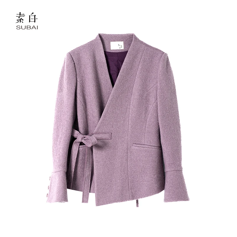 素白【浪漫绽放】交领绑带合体喇叭袖颗粒感毛呢外套SB2409DT00364