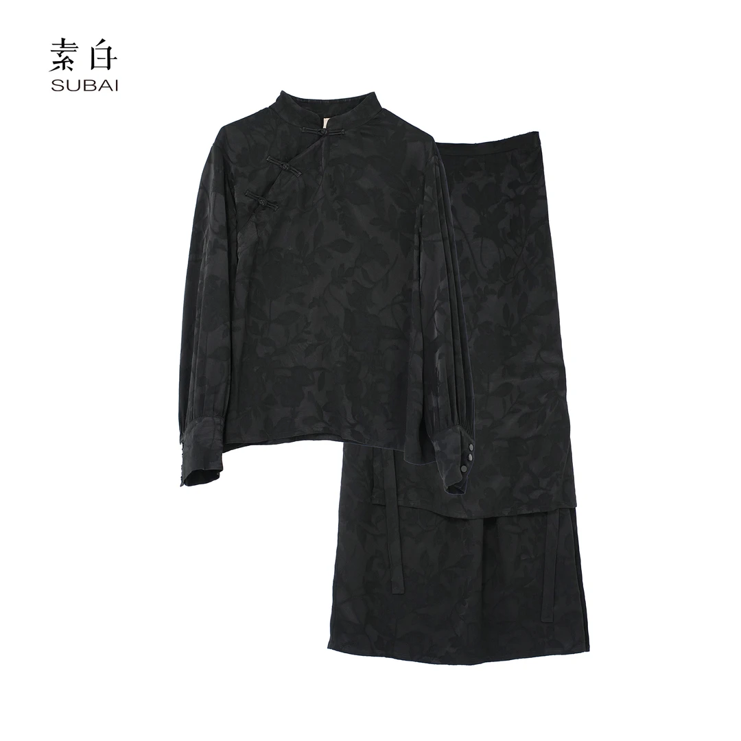 SB22AWT6502【素白】马乖长袖提花套装立领秋季新中式休闲黑色复古