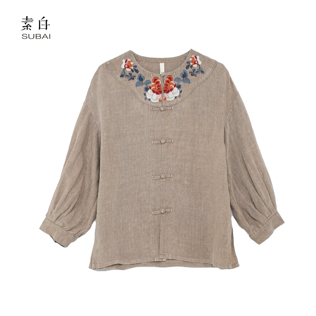 SB3240693251【素白】马乖夏季长袖新国风刺绣衬衫上衣