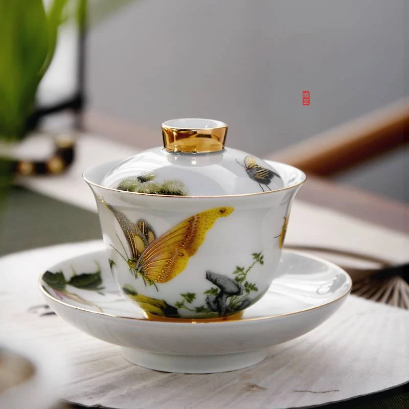 蝶恋花 2号三才盖碗陶瓷功夫茶具三才介杯描金敬茶碗泡茶器中式