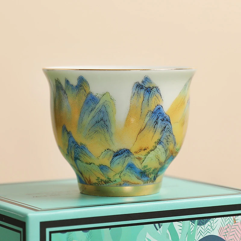 成艺千里江山家用品茗杯客杯主人杯手工描金手绘白瓷主人杯单杯