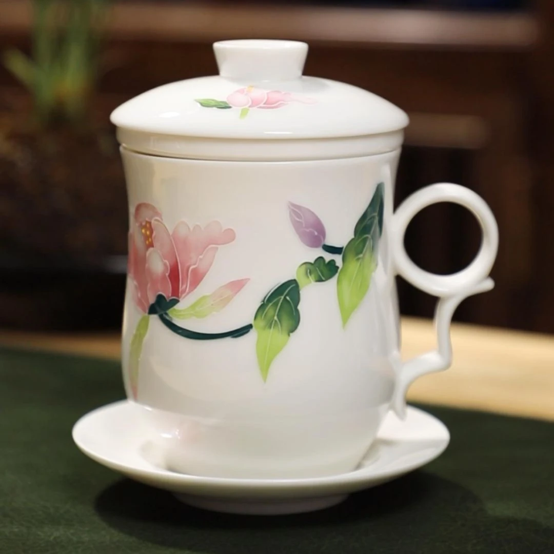 成艺满堂春粉彩人工手绘茶水分离办公室四件套茶杯带网红茶器