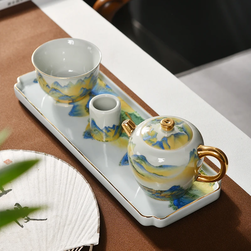 千里江山功夫茶具套装小干泡四件套陶瓷茶壶主人杯泡茶茶具整套