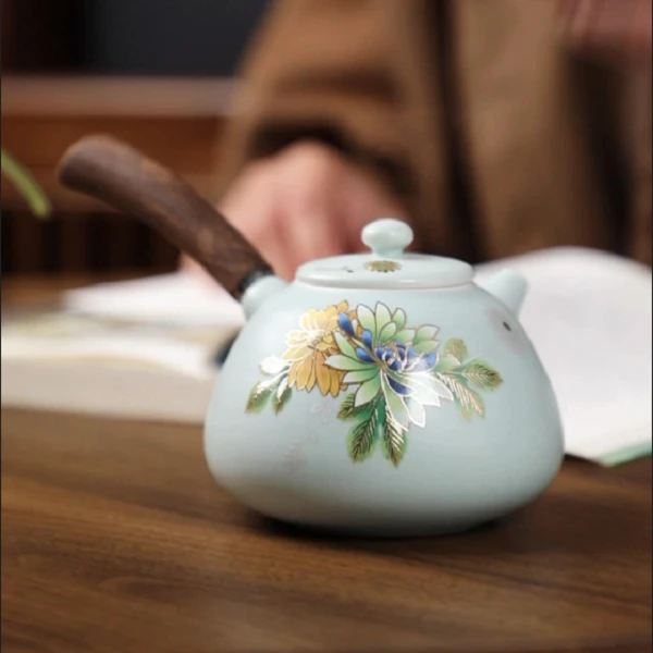 【成艺】清雅凝香天青侧把吉心壶 趴花汝窑描金复古陶瓷茶壶天青色
