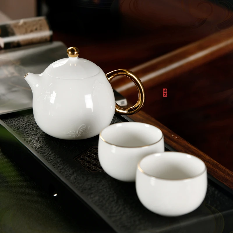 【成艺】隐雕纯白蝶恋龙胆壶一壶两杯高档轻奢家用陶瓷功夫茶具套装