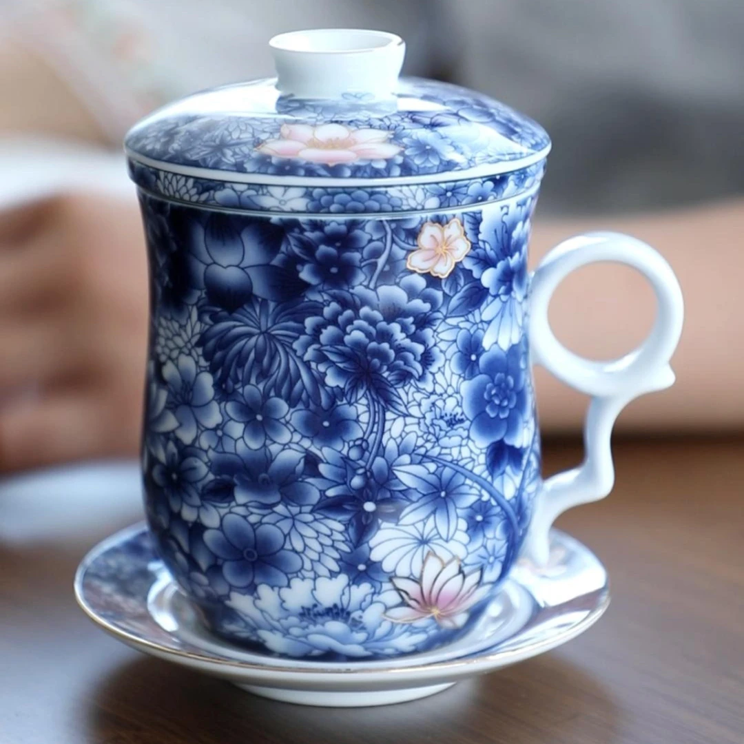 【成艺】清韵茶水分离四件办公杯家用办公马克杯高档青花釉里红茶杯