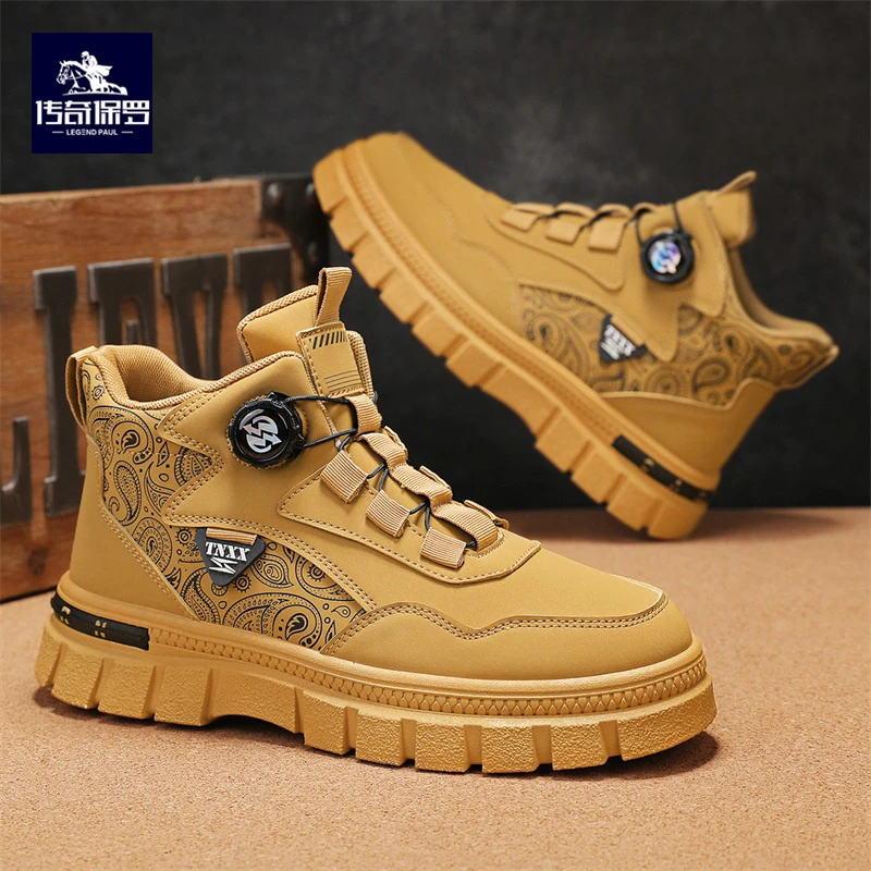 传奇保罗男鞋秋冬新款户外大黄靴男士工装靴男款免系带休闲马丁靴