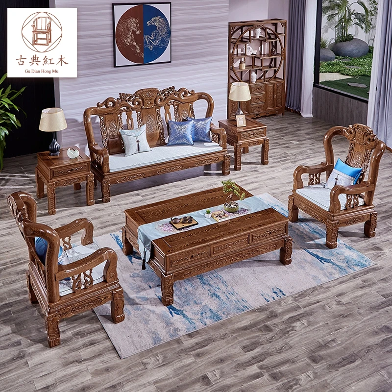 鸡翅木沙发十件套组合别墅大户型客厅茶几中式全实木古典红木家具