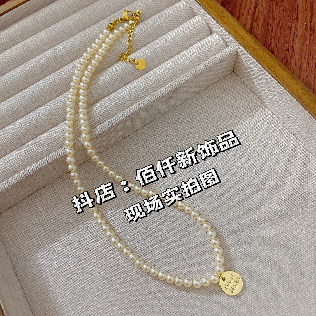 铜合金仿珍珠项链 女时尚简约百搭金属圆形吊坠珠珠项链新款爆款