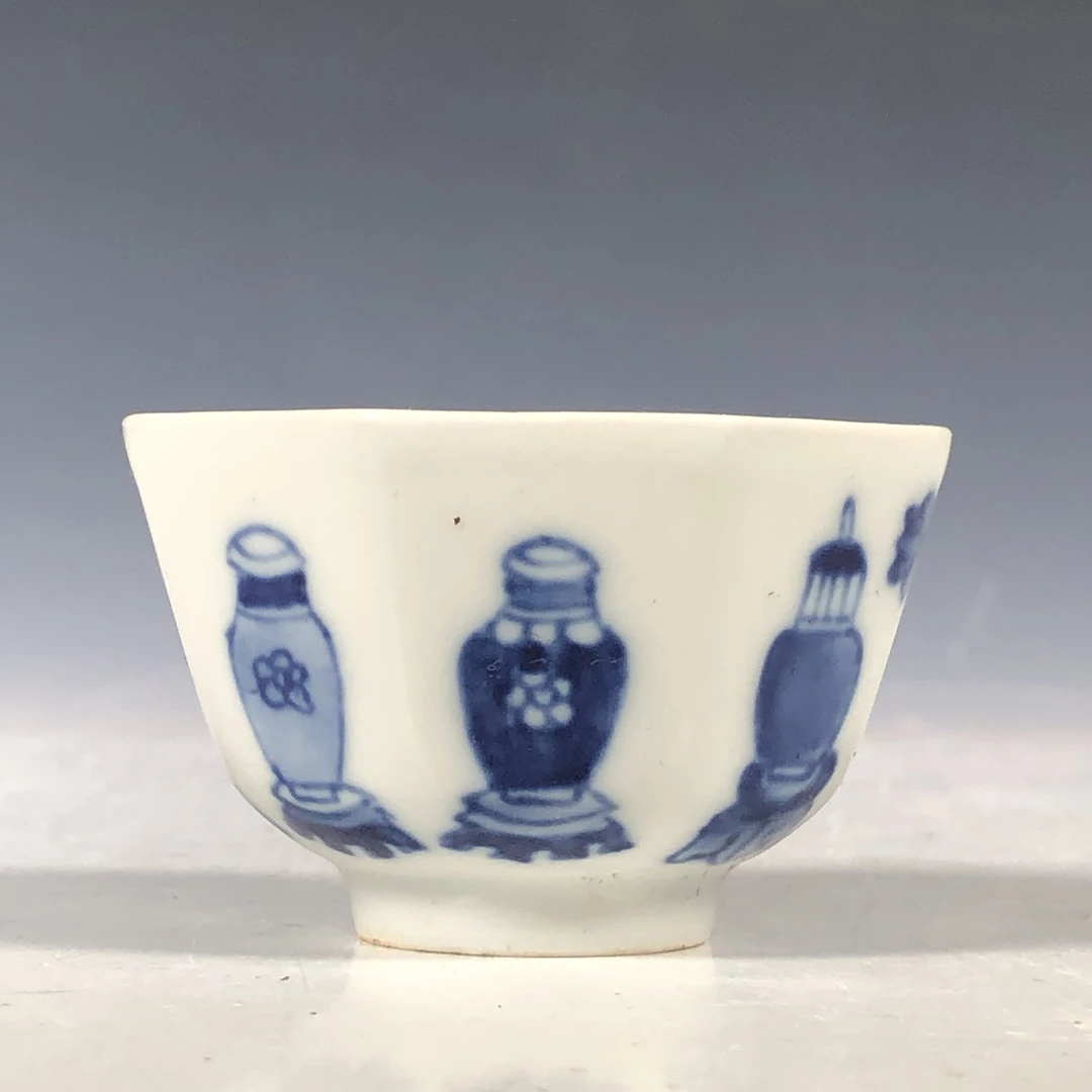 清 青花博古花纹八方杯1048 一对