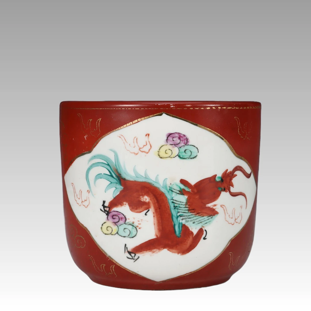 珊瑚地描金开窗龙凤纹饰香炉0259