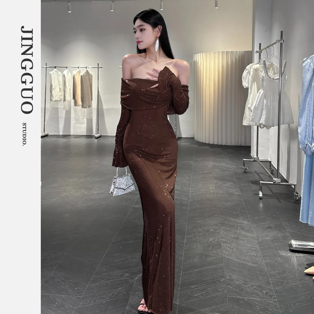 【JINGGUO轻奢】收腰显瘦性感气质长袖时尚复古修身包臀连衣裙9002