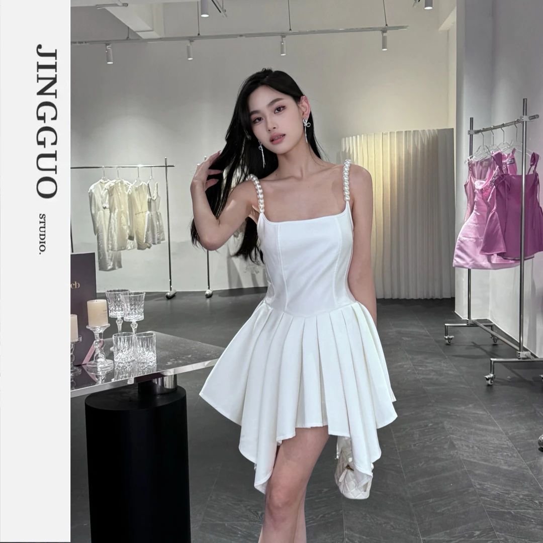 【JINGGUO轻奢】小众珍珠吊带白色百褶修身千金名媛风连衣裙7135