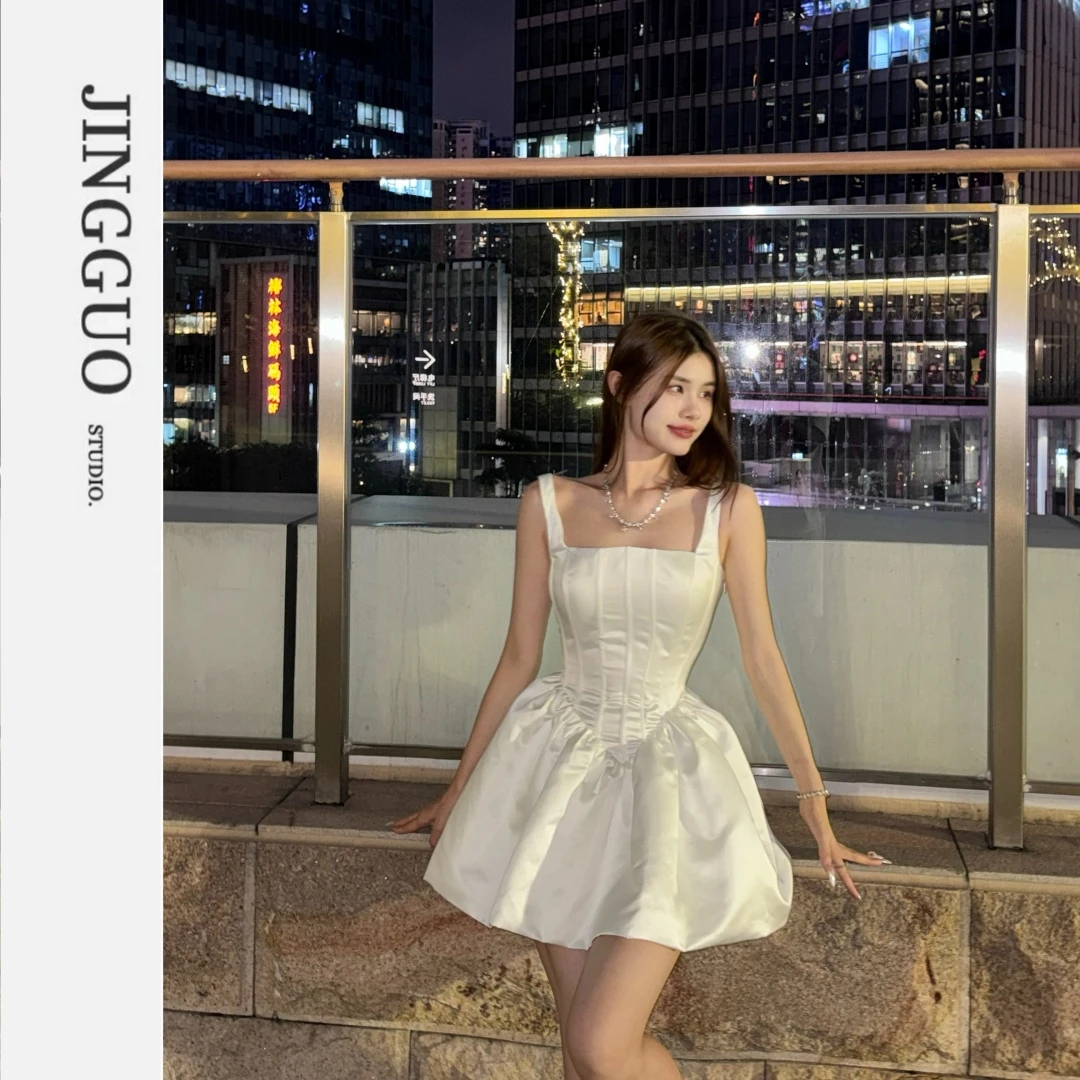 【JINGGUO轻奢】法式小众设计感高腰吊带花苞裙收腰显瘦连衣裙7160