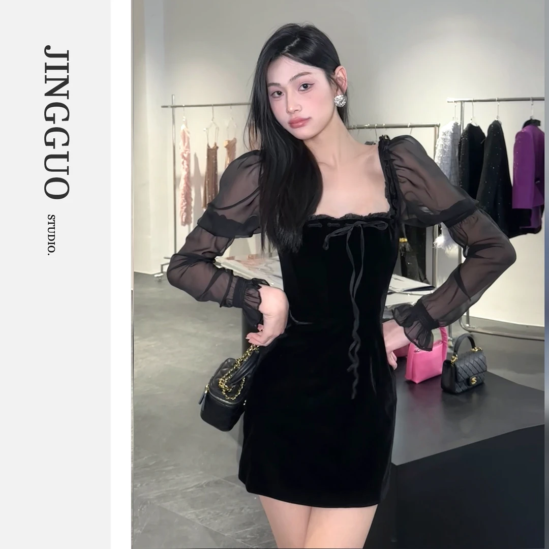 【静果家】2024春季新款连衣裙女黑色拼接高腰泡泡袖小个子短裙6984