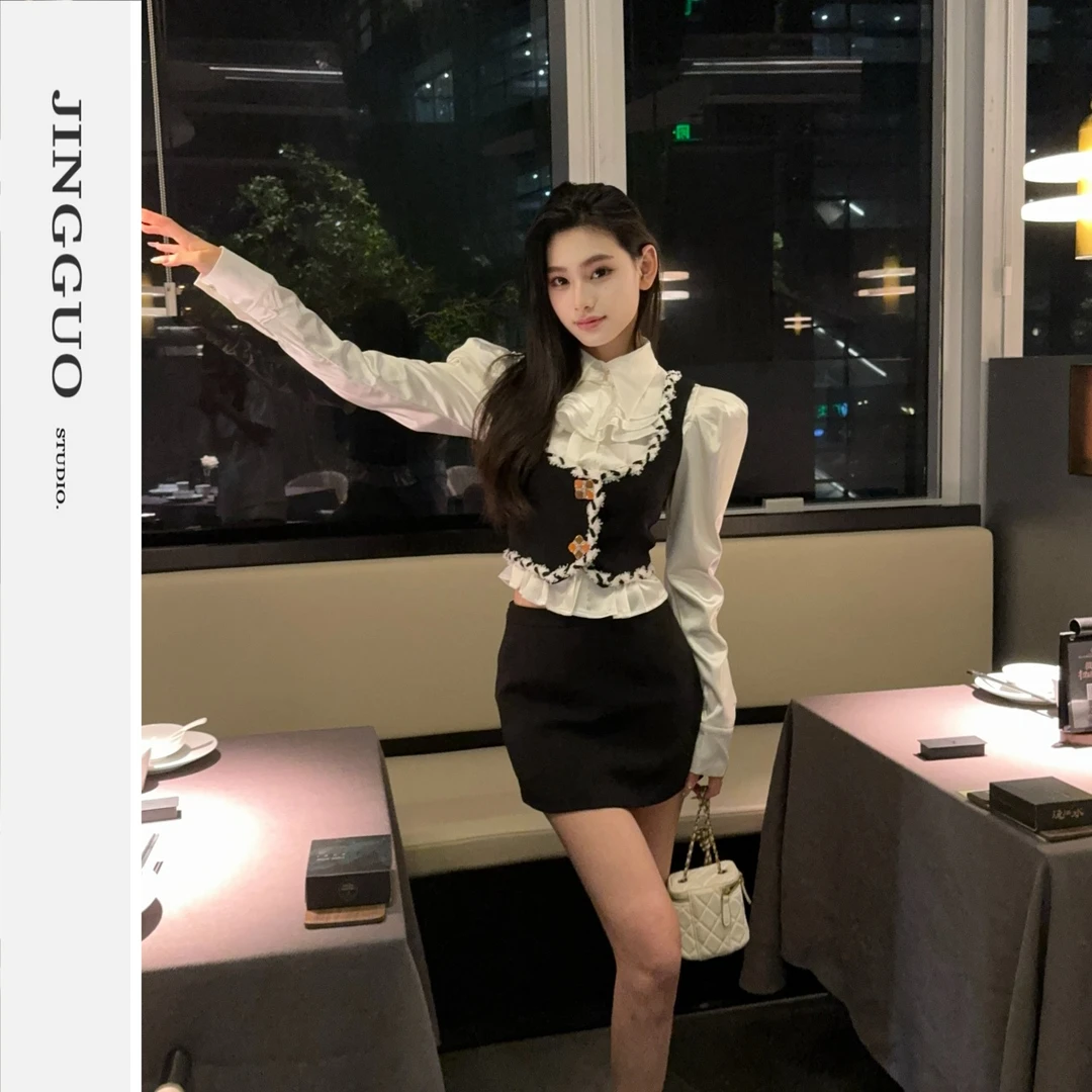 【JINGGUO轻奢】法式气质辣妹性感夏季复古法式小众包臀三件套7308