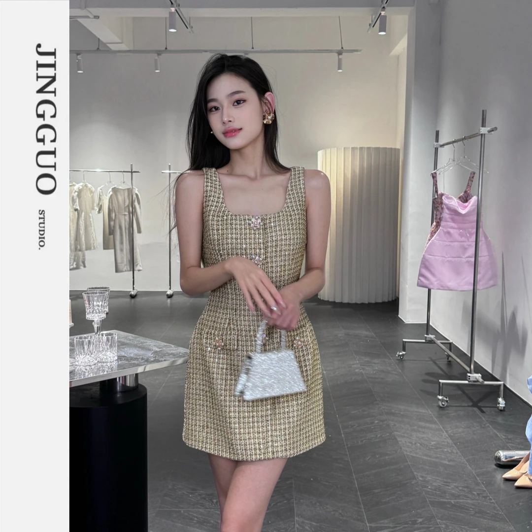 【JINGGUO轻奢】夏季小众名媛时尚复古修身收腰气质女装连衣裙7140