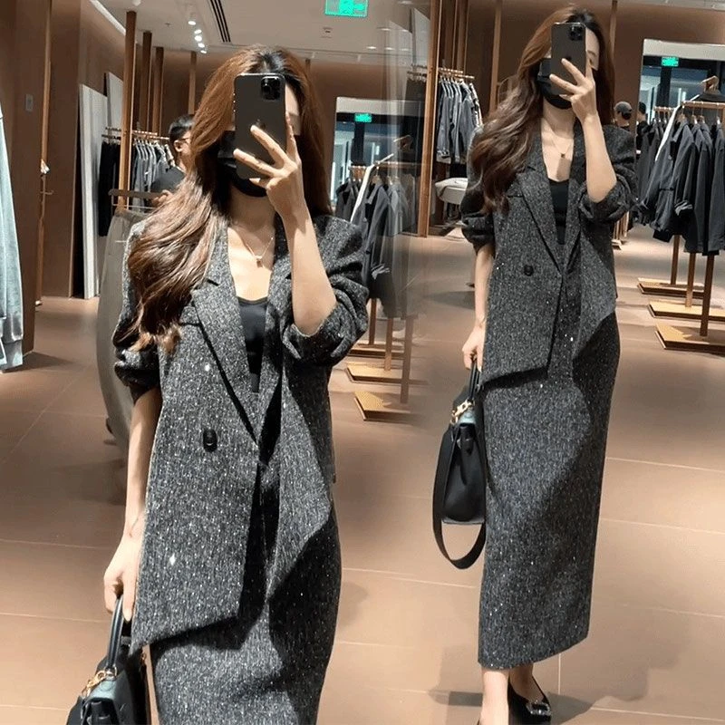 时尚套装裙女2025春季新款小香风洋气显瘦西服外套半身裙两件套潮