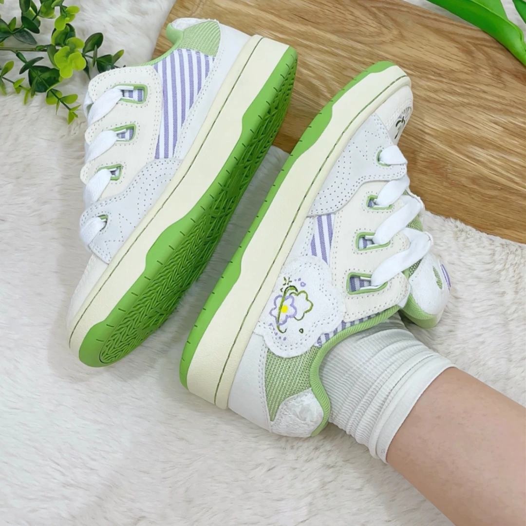 顽刻ollieskate面包鞋绿紫拼色小花图案印花BAKE男女国潮滑板鞋