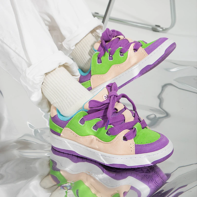 顽刻ollieskate冷粘面包鞋翻毛皮绿紫撞色拼接做旧BAKE男女滑板鞋