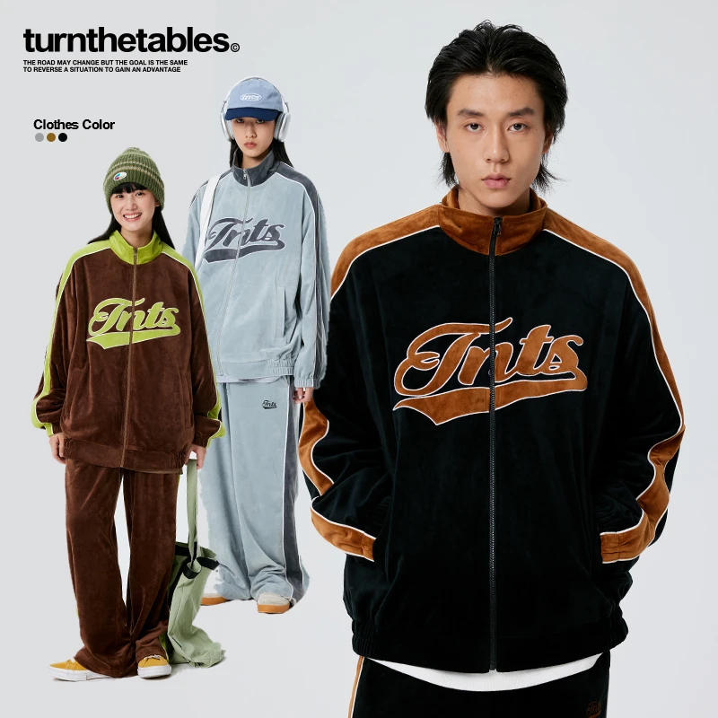 turnthetables秋冬美式复古银狐绒撞色绣夹克外套
