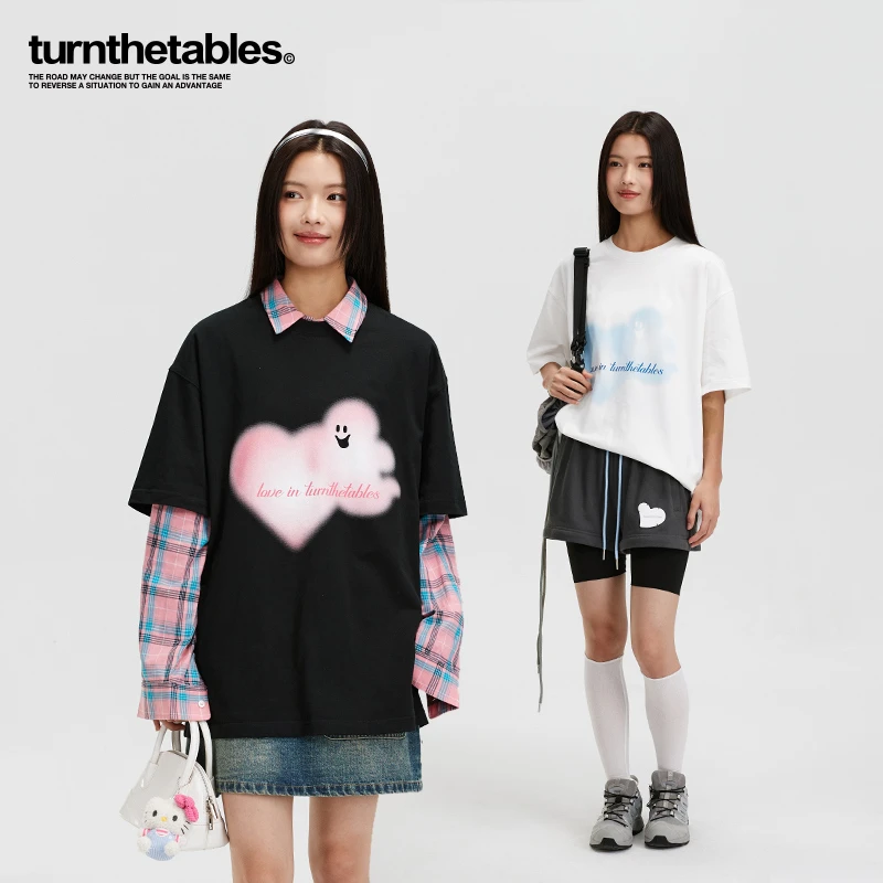 Turnthetables模糊幽灵爱心图案短袖T恤夏季休闲