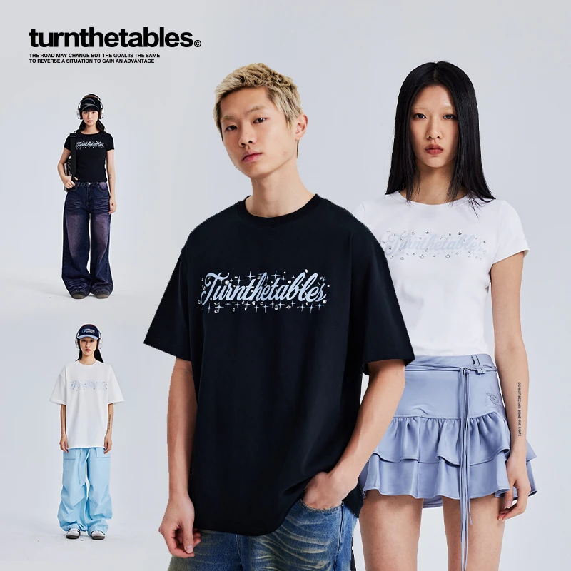 turnthetables闪钻撞色字母印花logo圆领短袖T恤