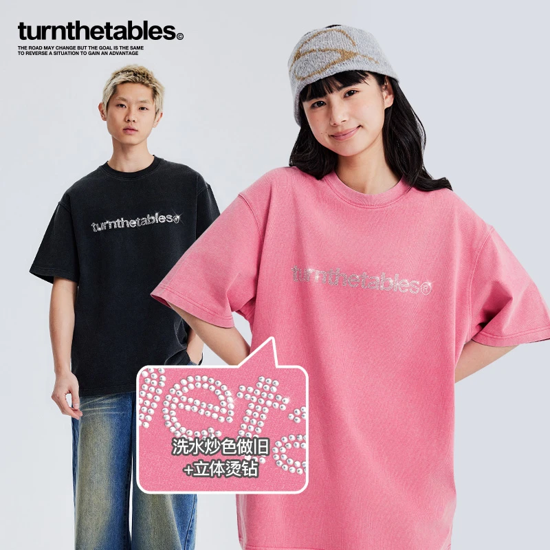 Turnthetables洗水炒色烫钻字母短袖T恤休闲百搭男女同款