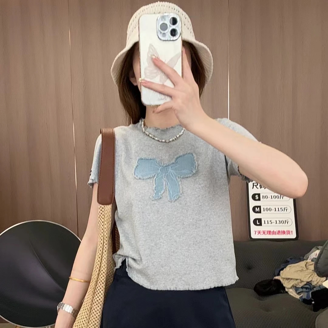 【LIbaibai】夏季百搭蝴蝶结短袖T恤上衣BB-0757