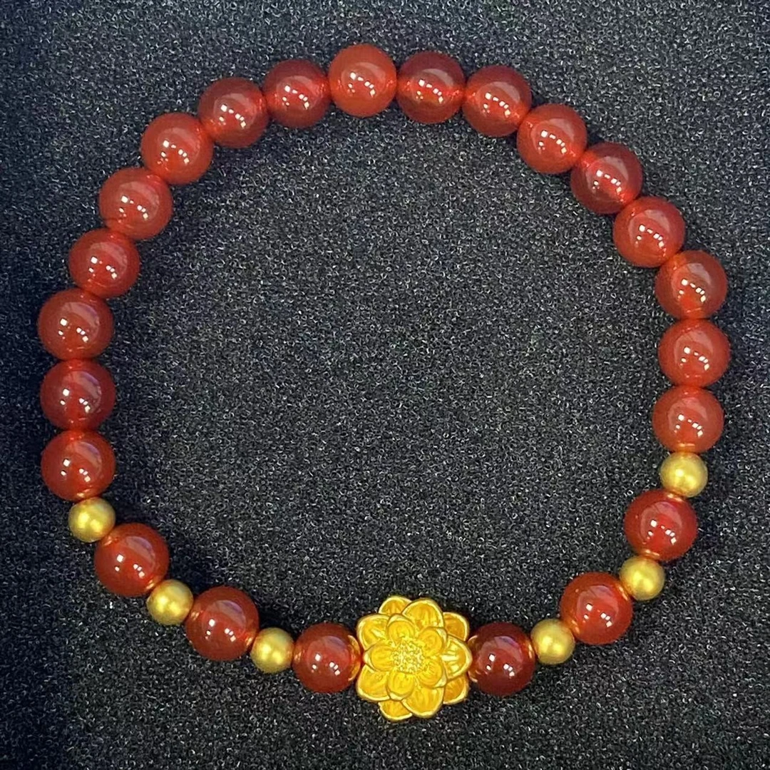 【玖钰黄金】足金999古法莲花点缀6颗卡4古法搭红 玛 瑙手串