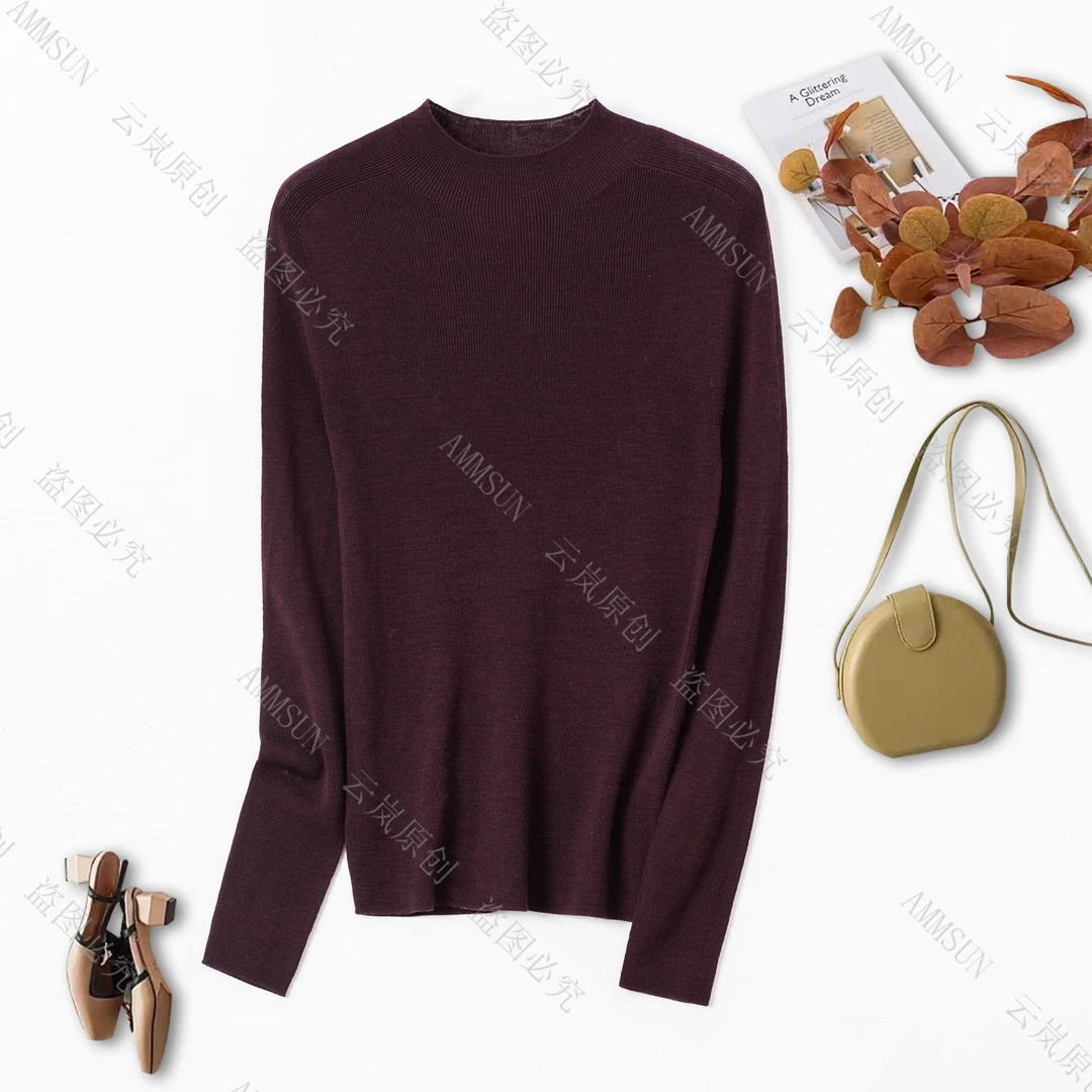 AMMSUN半高领【100%精纺羊毛衫】紧密纺真60支18针可机洗无缝女