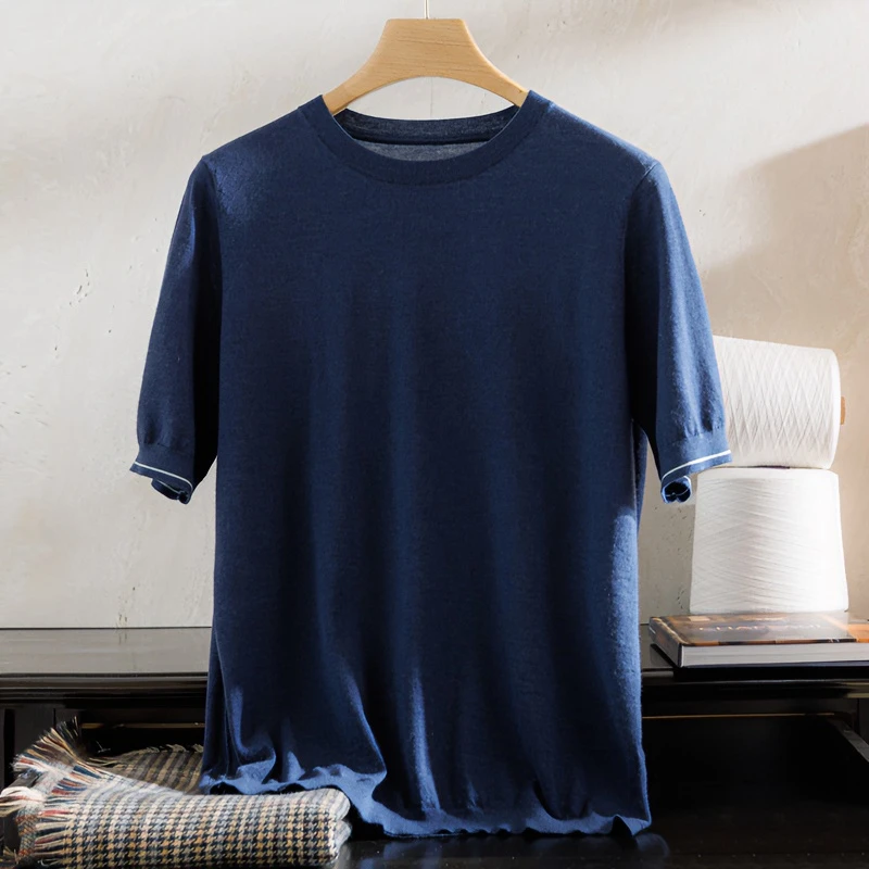 精纺山羊绒短袖男t恤早秋薄款透气圆领纯色百搭宽松针织时尚半袖