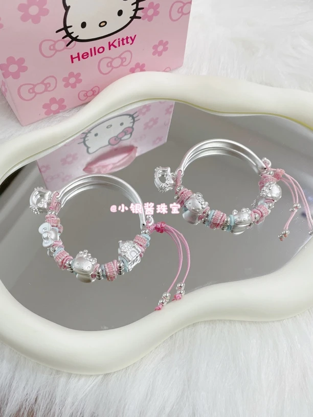 足银手链 足银999纯银kt猫玉桂狗半镯手链可爱少女心甜美七夕礼物