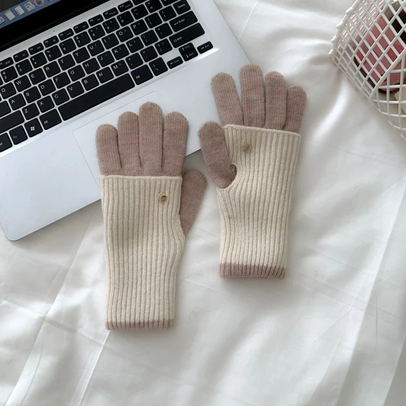 冬季新款长短两用针织手套男女保暖可触屏漏指美拉德拼色学生骑行