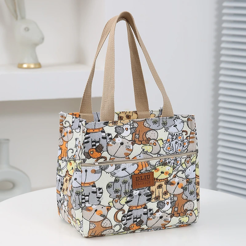 直播福利卡通时尚铝箔保温层手提袋手拎饭盒袋午餐包米白猫咪单品