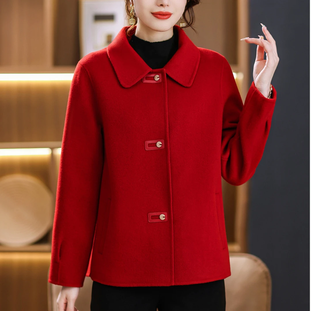 100%羊毛手工精密封制纯色皮扣春秋气质短款