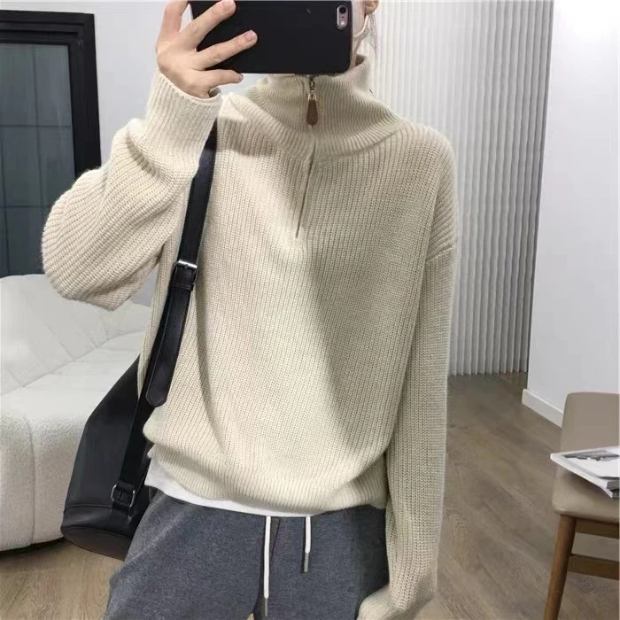 加厚重磅纯山羊绒半拉链套头毛衣元宝针轻奢100%100%山羊绒衫女款