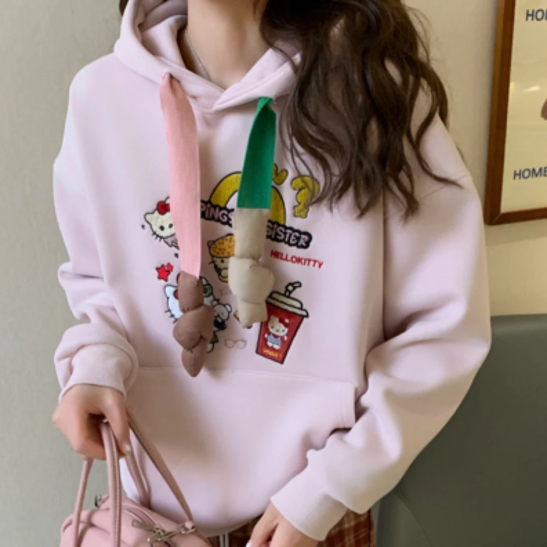 韩国东大门春季新款潮牌大帽绳汉堡KT猫连帽卫衣韩版宽松百搭上衣