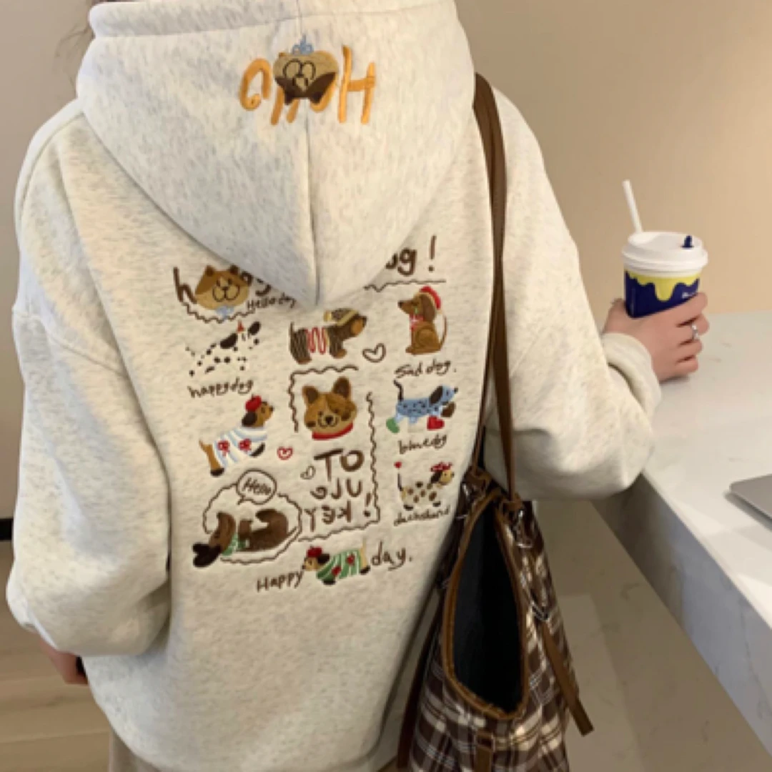 韩国东大门25春季新款波点狗狗猫咪后背重工刺绣连帽套头卫衣