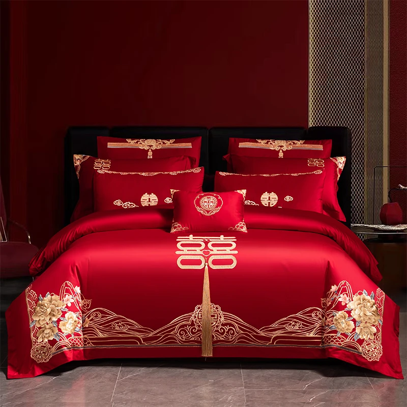 轻奢风中式婚庆四件套红色全棉刺绣结婚床上六八件套婚嫁喜被纯棉