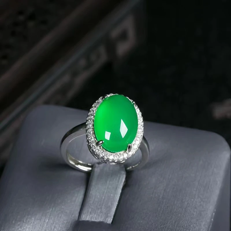 玉髓 【H51】绿色镶嵌鸽子蛋戒指简约百搭素款戒指
