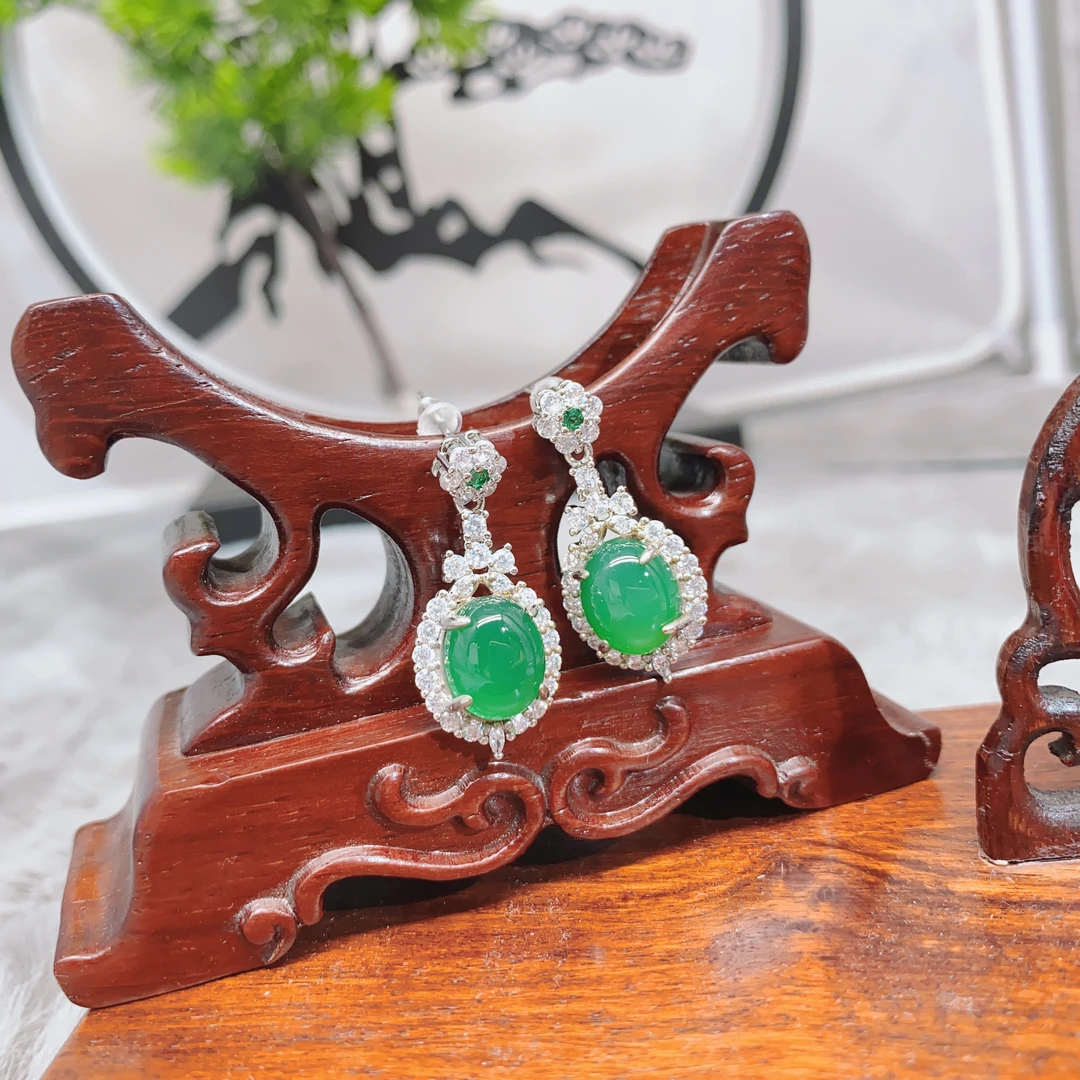 玉髓 【H102】时尚银色几何绿蛋面精致银针耳环镶嵌古风