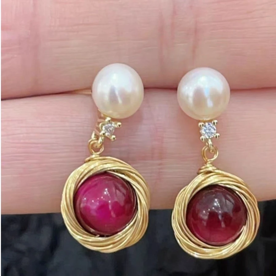 珍珠【Z98】淡水绕线设计师款银针耳环精致优雅红色石小众耳饰