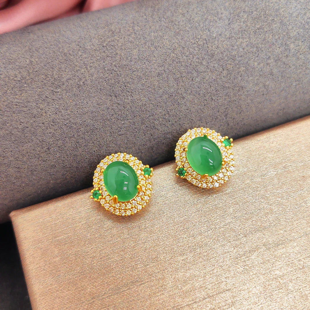 玉髓  【H132】时尚国风简约绿色银针耳钉精美镶嵌百搭耳