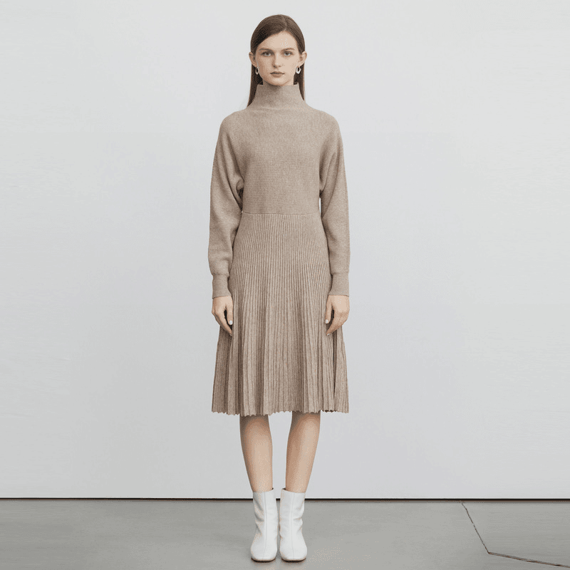 maokai 显瘦女款设计中长款过膝时尚感半高领休闲连衣裙M223Z12EC