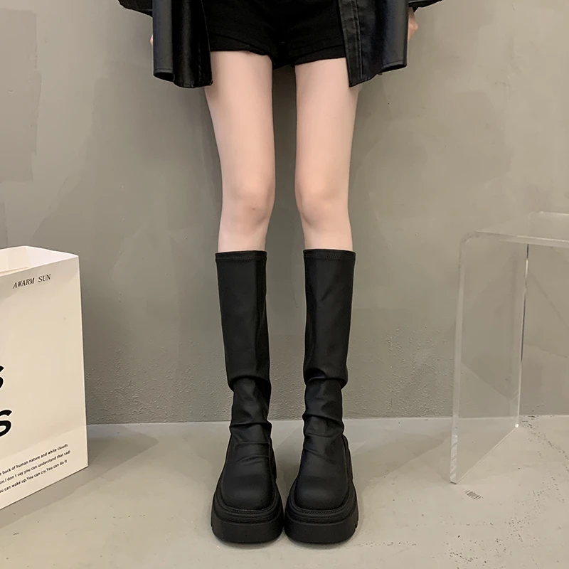 网红高筒瘦瘦靴女ins潮2024年新款小个子厚底骑士靴不过膝长筒靴