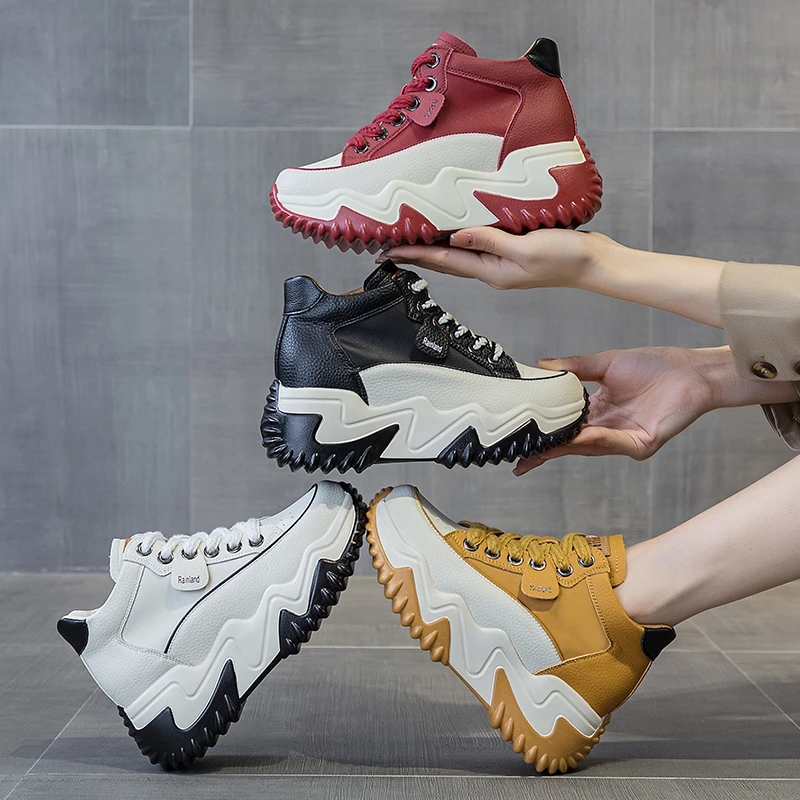 增高7cm 厚底高帮鞋女春秋百搭运动休闲鞋小个子系带圆头鞋子显瘦